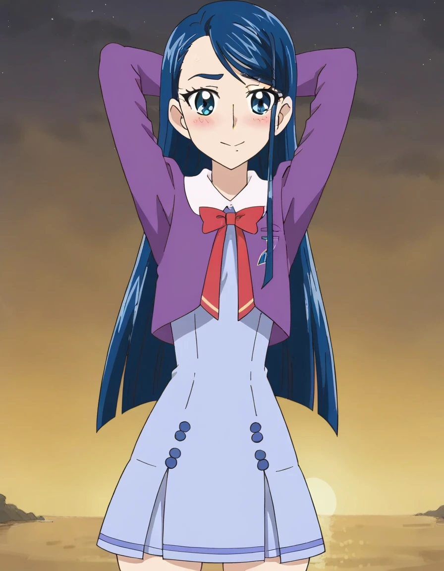 minazuki karen, long hair, blue hair, blue eyes, eyebrows,
, purple jacket, cropped jacket, red bowtie, blue dress, short dress, pleated dress, high quality, solo, 1girl, night sky, beach, arms behind head, contrapposto, closed mouth, spread armpits, (cowboy shot:1.5), looking at viewer, nervous, smile, best quality, blushing,