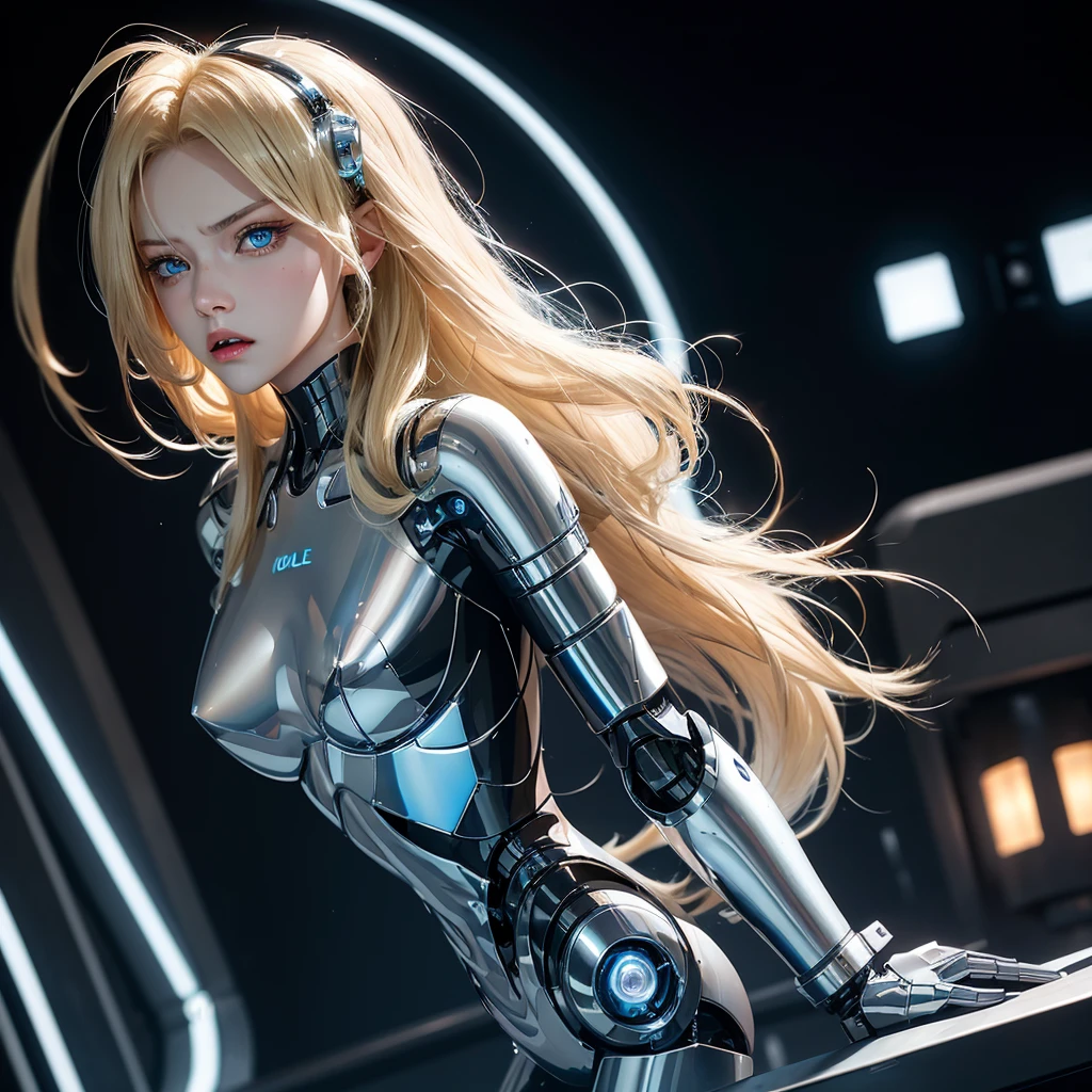 a girl with a chrome robotic body, featuring sleek and reflective high-tech components. She has long blonde hair, blue eyes, and an angry expression. Her polished mechanical limbs and torso shine brilliantly, contrasting with her flowing hair and intense gaze.