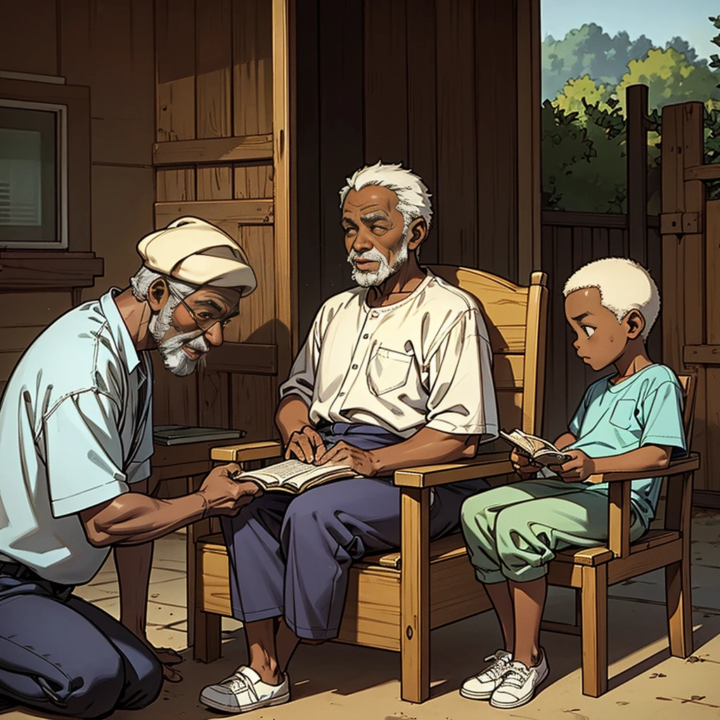African old man sating outside with a small boy, seated on a chair outside their home, carton style, the old man is reading a story book to the boy, carton style, 4k, hdr detail, sharp image