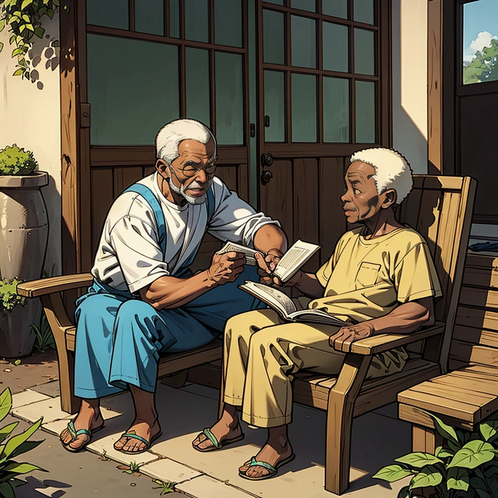 African old man sating outside with a small boy, seated on a chair outside their home, carton style, the old man is reading a story book to the boy, carton style, 4k, hdr detail, sharp image