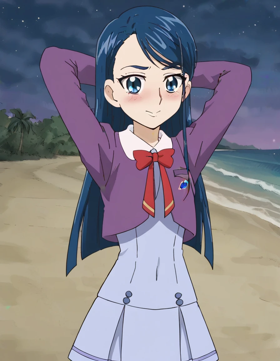 minazuki karen, long hair, blue hair, blue eyes, eyebrows,
, purple jacket, cropped jacket, red bowtie, blue dress, short dress, pleated dress, high quality, solo, 1girl, night sky, beach, arms behind head, contrapposto, closed mouth, spread armpits, (cowboy shot:1.5), looking at viewer, nervous, smile, best quality, blushing,