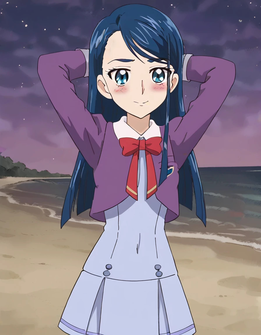 minazuki karen, long hair, blue hair, blue eyes, eyebrows,
, purple jacket, cropped jacket, red bowtie, blue dress, short dress, pleated dress, high quality, solo, 1girl, night sky, beach, arms behind head, contrapposto, closed mouth, spread armpits, (cowboy shot:1.5), looking at viewer, nervous, smile, best quality, blushing,