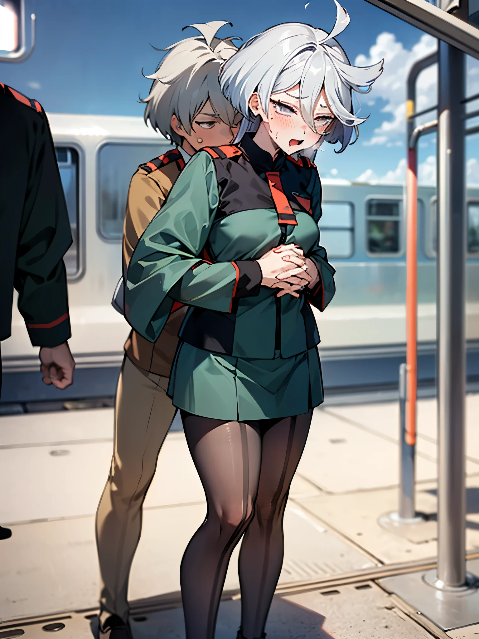 NSFW,(One girl:1.5),miorine1、miorine rembran、Asticasia uniform、solo、Long Hair、Grey Eyes、Grey Hair、Ahoge、Seamed legwear、green micro mini skirt、tie、bangs、Hair between the eyes、Black Pantyhose、Long sleeve、Green jacket、Floating Hair、赤いtie,(Perfect hands),(Perfect Anatomy),(masterpiece),(Highest quality),Embarrassed,blush,(Ecstasy face:1.7),(train:1.8),(Being molested:1.8),(Sexual pleasure:1.7),(A man stands behind:1.8)