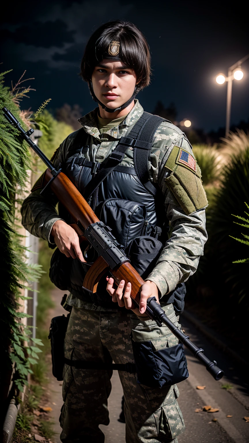 A realistic picture of a soldier holding a kar98 riflein at night time with weak lighting
