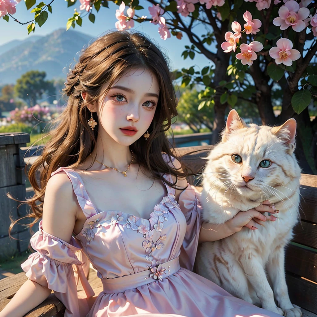 Masterpiece, Best quality, high resolution, realistic , hyperrealism , lifelike photography ,1950s, portrait position, alluring beautiful full body shot, (curly blondish brunette long hair, blue cat-shaped eyes), white skin with freckles, beautiful period dress with flower embroidery and details , beautiful golden necklaces & bracelets, elegant bearing, beautiful landscape background of a rose & lilac & orchid garden, high budget , beautiful mesmerizing face and small nose, long and curly sparkling hair , holding a beautiful orange stray cat , clivage , sunset , pink clouds , yellowish red rays at the horizon, elegant posing, beautiful legs, fit body, gorgeous Russian woman sitting on a park bench