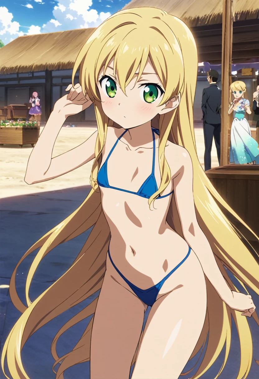 ((zero no tsukaima anime art, masterpiece, 4k, extreme quality)).
The theme is Beach party.
The setting is a beach, it is extremely detailed, full of different girls around the scene, it's daytime, the setting is giant, the view of the scene is complete and far, without blurring.
Disney's Rapunzel, only one, 9 yee is 140 centimeters tall, her shiny blond is very very very long, wonderful face, green eyes, she wears a extremely short and hot micro bikini, 9 years girl body, She is very thin, flat breasts, very thin waist, round ass, wonderful curves, shy behavior, very erotic and very sensual pose, fullbody.
the atmosphere is very hot.
A man talking to her.
Complete view of the scene.