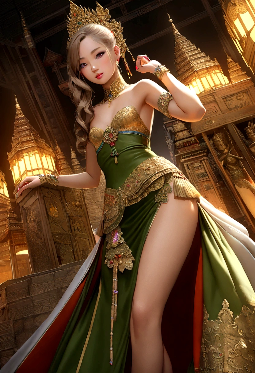 ((Slim legs,half body shot:1.4))(Photorealistic:1.5),((Detailed beautiful face, detailed beautiful wide eyes, 8K olive green pupil:1.3)),((masterpiece,ultra high quality, ultra high resolution:1.2)),((realistic skin, very detailed details:1.2)),(unity 16K wallpaper:1.1),(HD quality,HDR),((The style of a surrealist painter, a masterpiece of ultra-realistic portraits, an epic work of a photography expert)),((nikon d750 f/1.4 55mm)),((dynamic angle,professional lighting, physically-based rendering)),((Bright colors)),
(Beautiful and Realistic thai girl),(Sexy and attractive face, perfectly proportioned body),((small breasts)),((light brown hair,long wavy hair,front ponytail)),((Venus of the East)),
((Thai princess:1.3)),(Gorgeous thai costumes with intricate details,Gorgeous dress,Gorgeous gold ornaments, intricate details,ornate jewelry accessories,Gorgeous fringe, intricate details,Various gemstones:1.2),((thai buddhist temple))