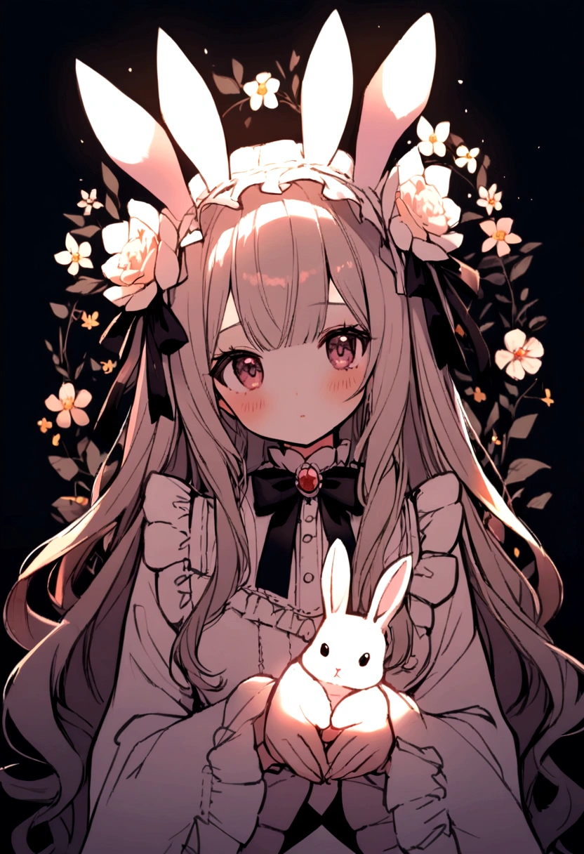 1 girl, long hair, lolita, cute, bunny, flowers, dark backround, light