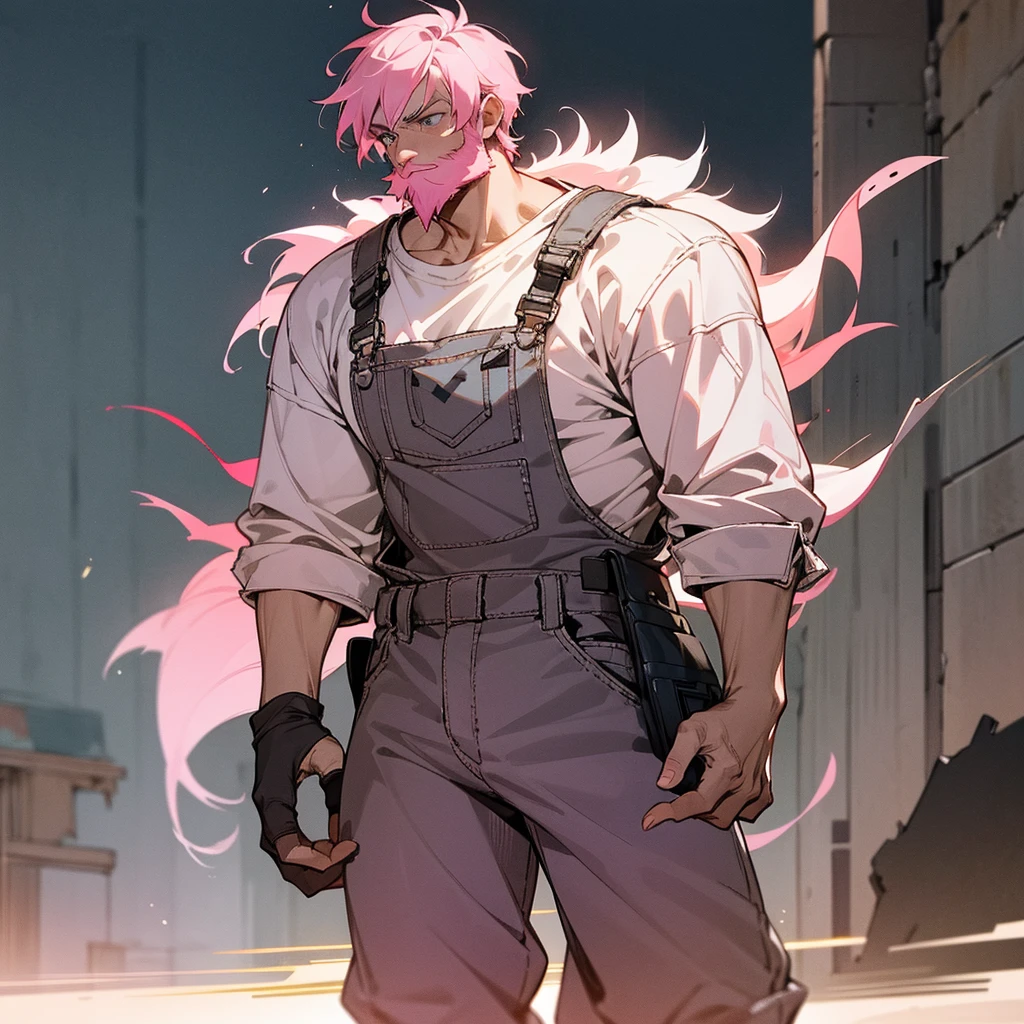 1male, adult, finely detailed grey eyes, messy short hair, pink hair, enginer clothing, baggy pants, overalls, standing on ruined building, night time, serious expression, muscular, full beard, goggles,