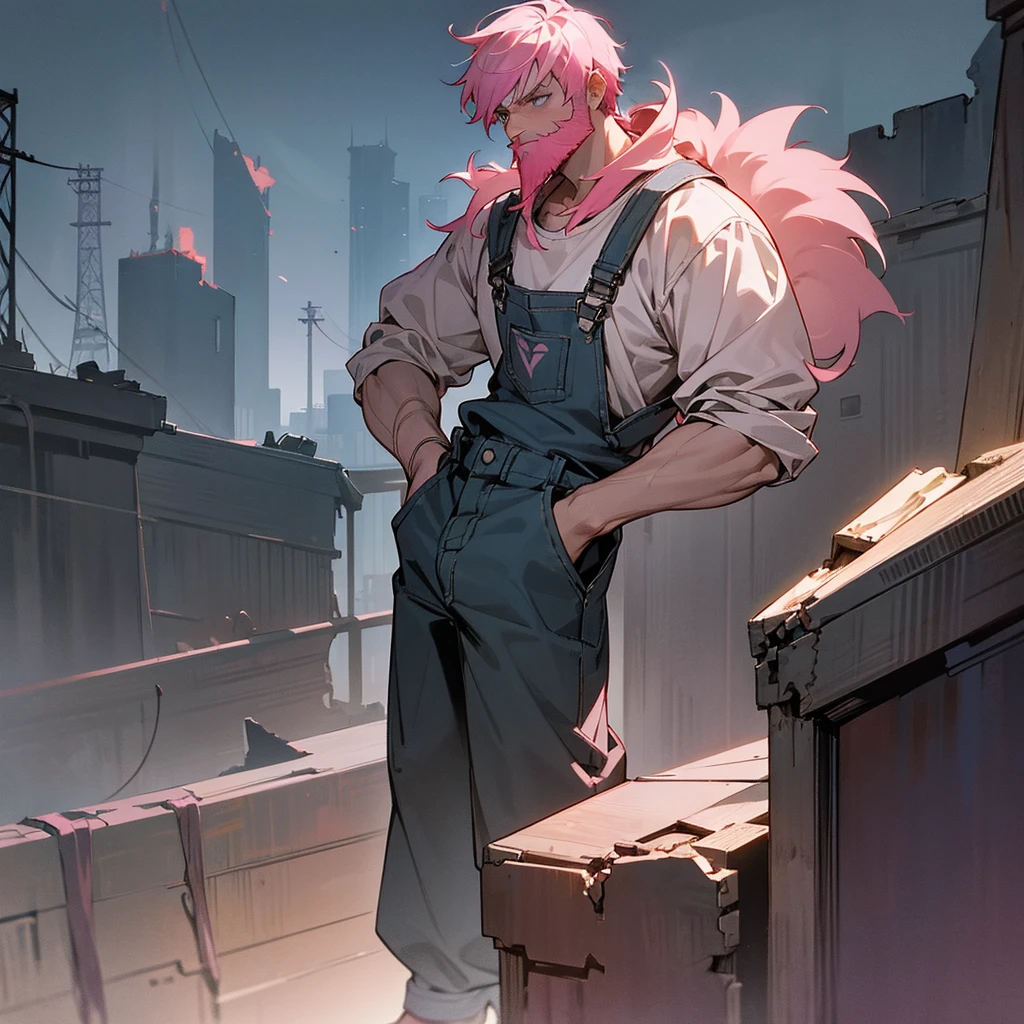 1male, adult, finely detailed grey eyes, messy short hair, pink hair, enginer clothing, baggy pants, overalls, standing on ruined building, night time, serious expression, muscular, full beard, goggles,