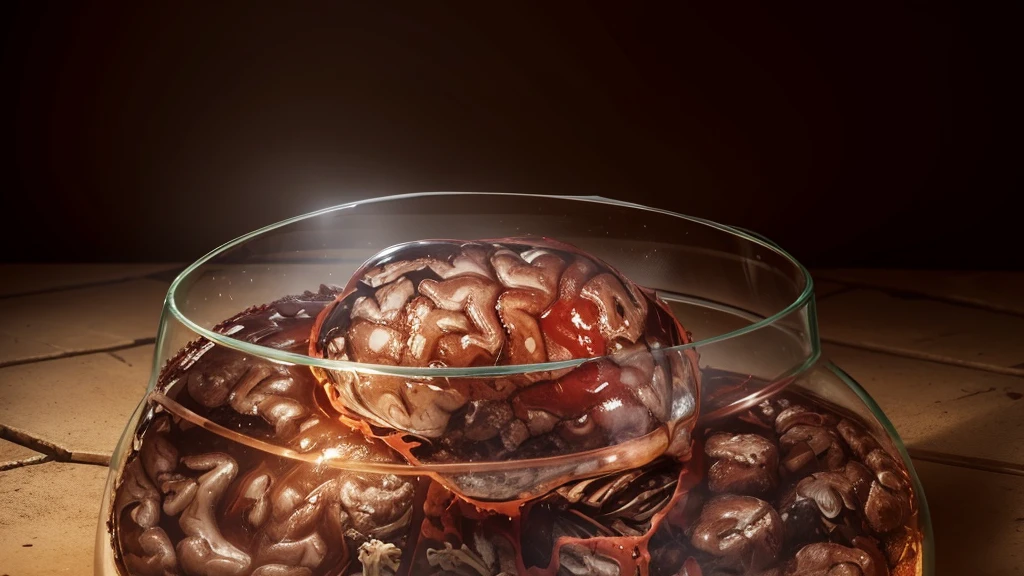 human brain stored in a glass jar, (blood), in a canibal market, dirt ground, dawn time, 