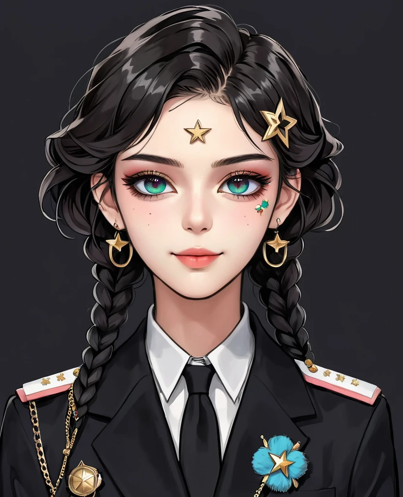 (Digital Illustration，Detailed anime style girl portrait，Solitary，symmetry)，(Big colorful eyes，Fashionable and exquisite facial features，Exquisite makeup，Sweet smile，Star symbol mark on cheek，Soulful gaze，)，(Fluffy braids，Beautiful hairstyle，Hairpin)，(Black suit，Epaulettes-Chain，cool，)，Clean and simple white background，(((Correct human anatomy)))