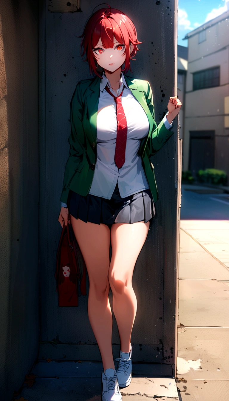 Red hair girl, she is japanese, she is wearing a green jacket,a red tie and a black skirt with white shoes. She has red coloured eyes.