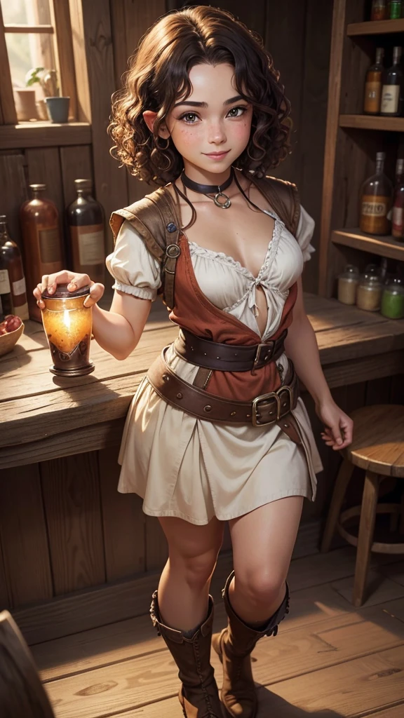 Stunningly beautiful, adult halfling girl, halfling, handsome, halfling female, brunette short curly hair, many freckles, in a fantasy tavern, high cheekbone, smiling, full body portrait, detail love, good quality, colourful, highly detailed, soft light