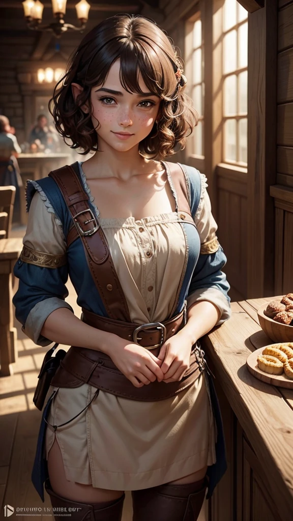 Stunningly beautiful, adult halfling girl, halfling, handsome, halfling female, brunette short curly hair, many freckles, in a fantasy tavern, high cheekbone, smiling, full body portrait, detail love, good quality, colourful, highly detailed, soft light