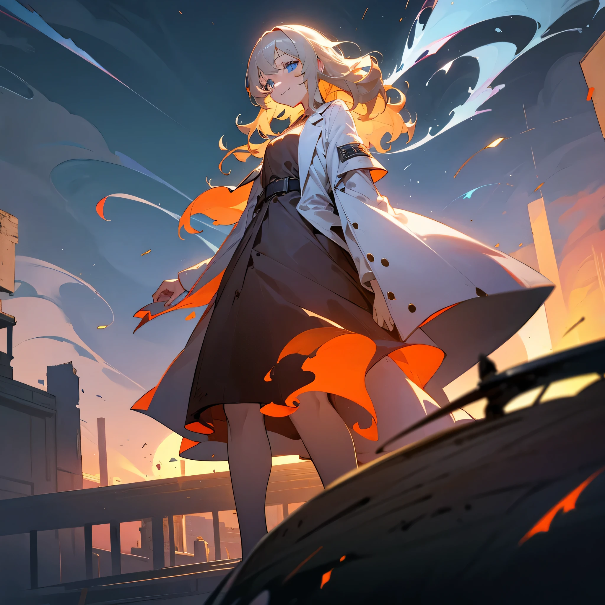 1female, adult, finely detailed blue eyes, wavy medium hair, pale ember hair, lab coat, standing on ruined building, night time, happy expression, sunglasses