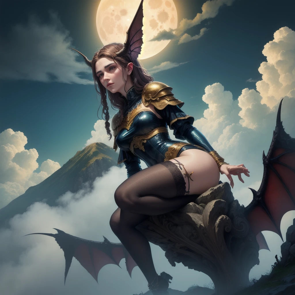 ((best quality)), ((masterpiece)), (detailed), succubus, ethereal beauty, perched on a cloud, (fantasy illustration:1.3), enchanting gaze, leotard, pantyhose, stockings, bodysuit, captivating pose, delicate wings, otherworldly charm, mystical sky, large moon, moonlit night, soft colors, (detailed cloudscape:1.3), (high-resolution:1.2), from below, (rating_explicit), (score_9, score_8_up, score_7_up, score_6_up, score_5_up, score_4_up, high res, 4k) Image of a statue of a Greek Stoic on top of a mountain with lightning and fog in the sky