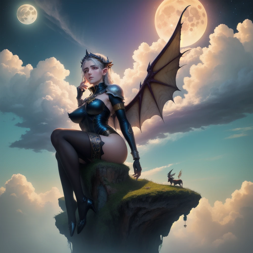 ((best quality)), ((masterpiece)), (detailed), succubus, ethereal beauty, perched on a cloud, (fantasy illustration:1.3), enchanting gaze, leotard, pantyhose, stockings, bodysuit, captivating pose, delicate wings, otherworldly charm, mystical sky, large moon, moonlit night, soft colors, (detailed cloudscape:1.3), (high-resolution:1.2), from below, (rating_explicit), (score_9, score_8_up, score_7_up, score_6_up, score_5_up, score_4_up, high res, 4k) Image of a statue of a Greek Stoic on top of a mountain with lightning and fog in the sky
