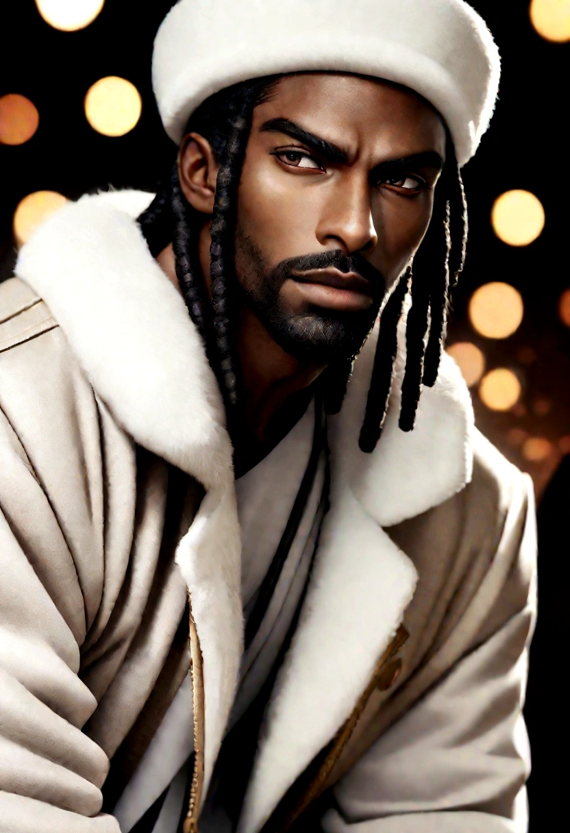 (((CINEMATIC PHOTO))), (((BEST QUALITY)), (((EST QUALITY)), (((HD))), (((HYPERREALISTIC)), (((32k render))), (((DETAILLED))). FORMAT 16/9, HYPERREALISTIC, DETAILLED, (((CINEMATIC PHOTO))), PHOTOGRAPHIE 35MM, FILM, BOKEH, PROFESSIONNEL9:16, African American male with blonde dreadlocks looks like idris Elba actor, wearing a white fur ushanka hat and a white sheepskin coat with charcoal grey leather pants