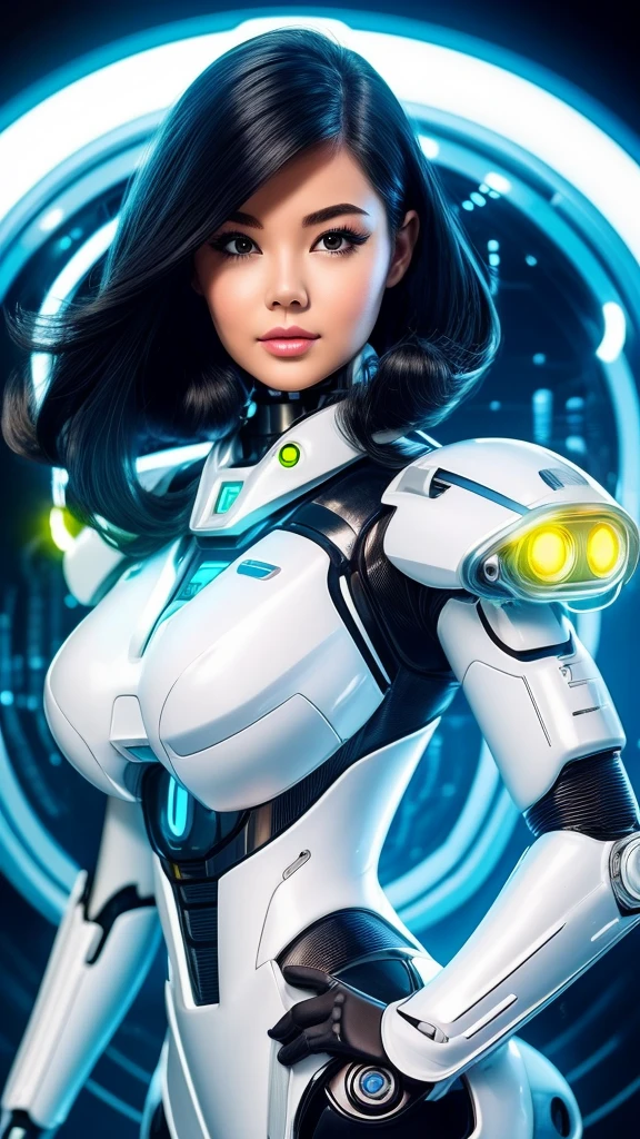 puffy woman in a futuristic suit posing for a photo, beautiful white cyborg girl, android, cute cyborg, cute cyborg, portrait cute sci-fi, cyborg girl, girl with mecha cyber armor, girl perfect android, science fiction woman, science fiction android woman, barbie cybor, black hair, black hair,Cabelos pretos, black is her hair