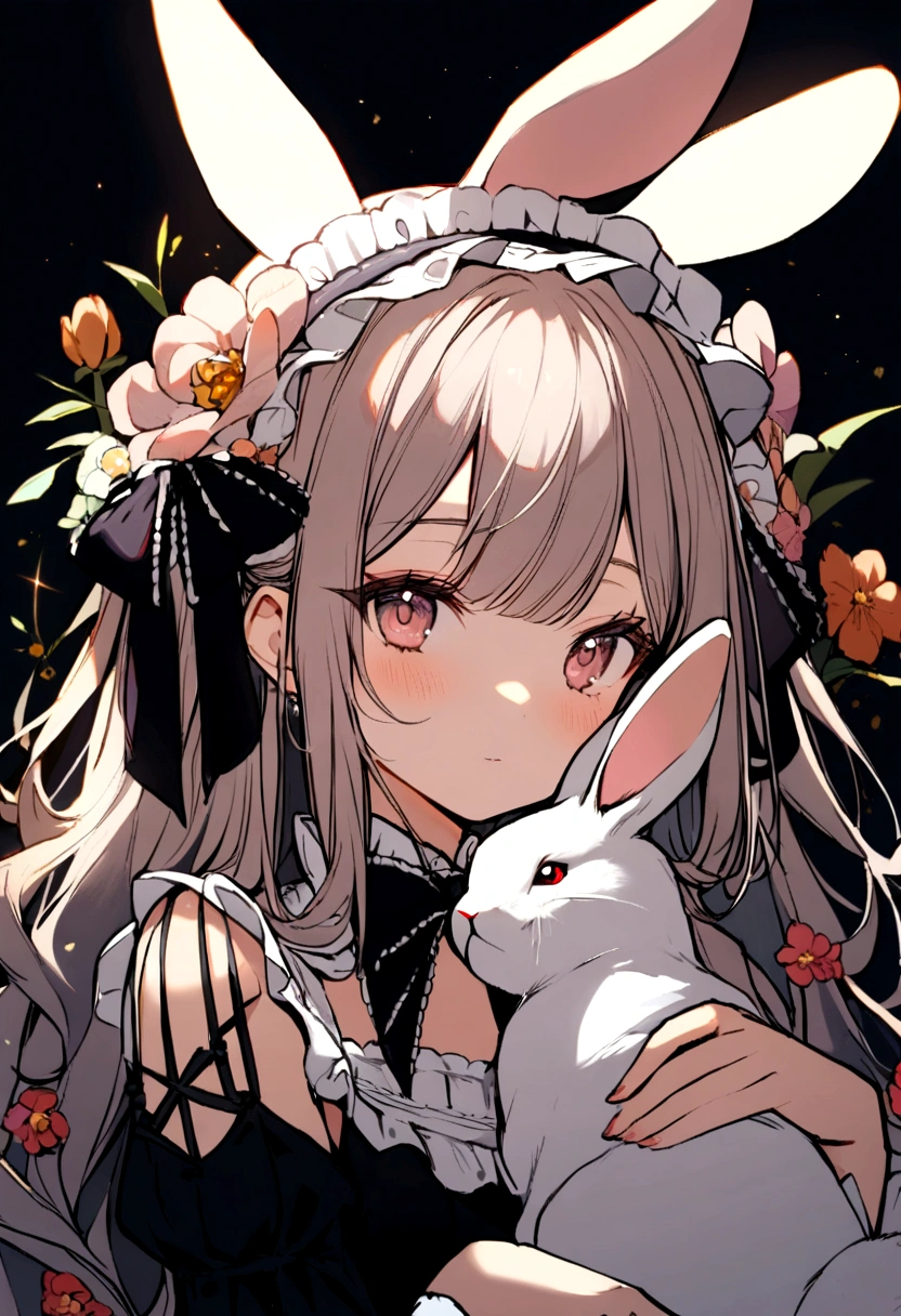 1 girl, long hair, lolita, cute, bunny, flowers, dark backround, light