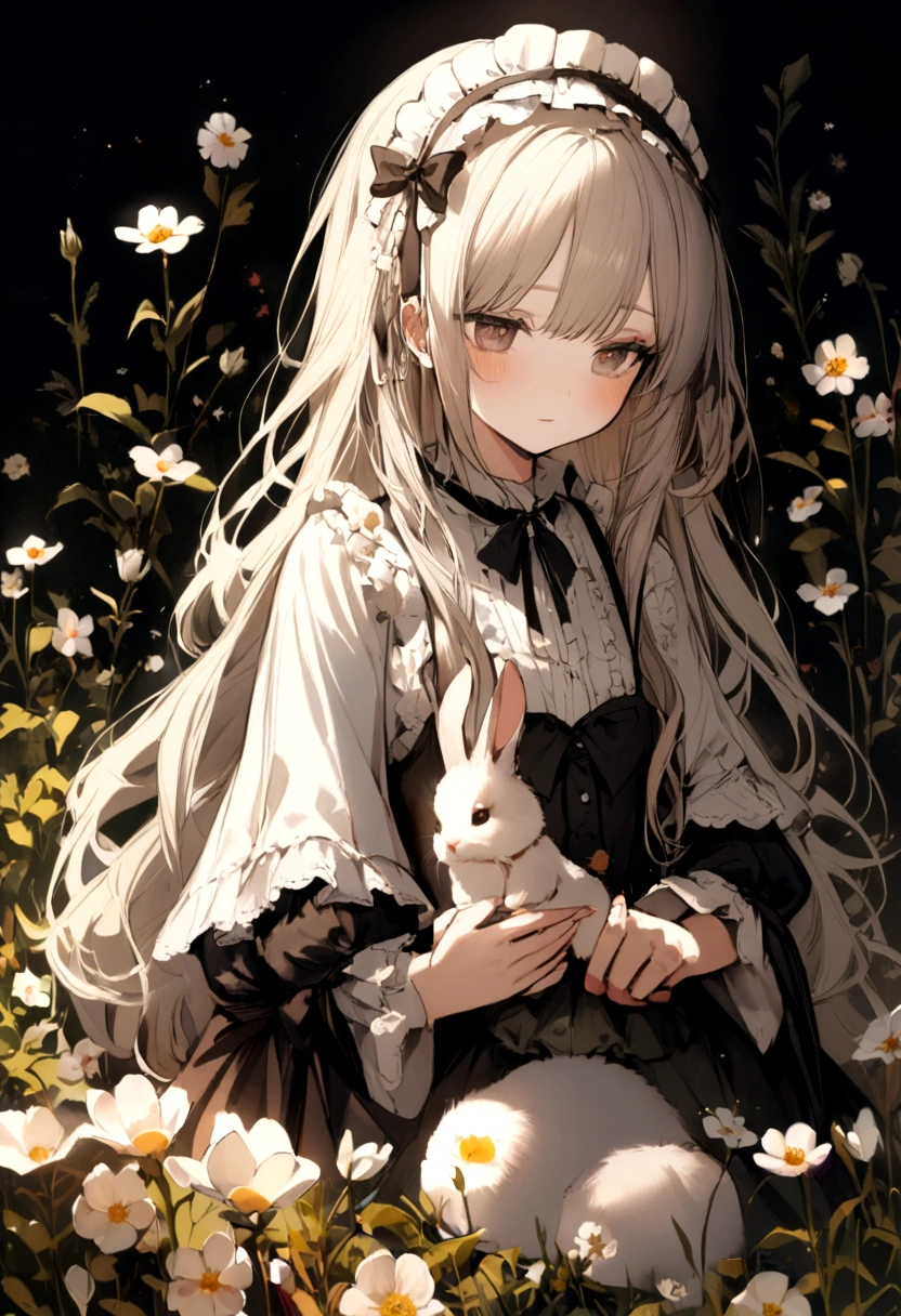 1 girl, long hair, lolita, cute, bunny, flowers, dark backround, light