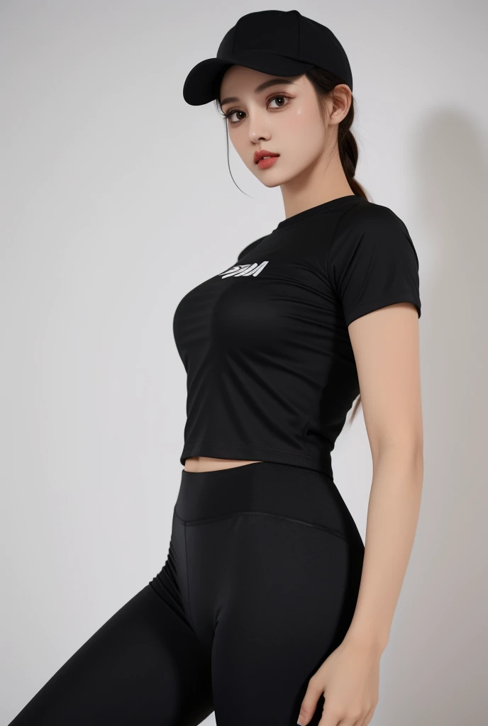 A beautiful woman wearing a black cap and black leggings, camisa apertada, camisa de malha, vestindo camisa apertada, tampo preto, roupas pretas estanques, camisa preta, camiseta preta, usando roupas simples e apertadas, usando roupas pretas apertadas, roupas esportivas, camiseta esportiva, mangas curtas, two piece workout clothes, vestindo camiseta preta, imagem oficial do produto, roupas esportivas