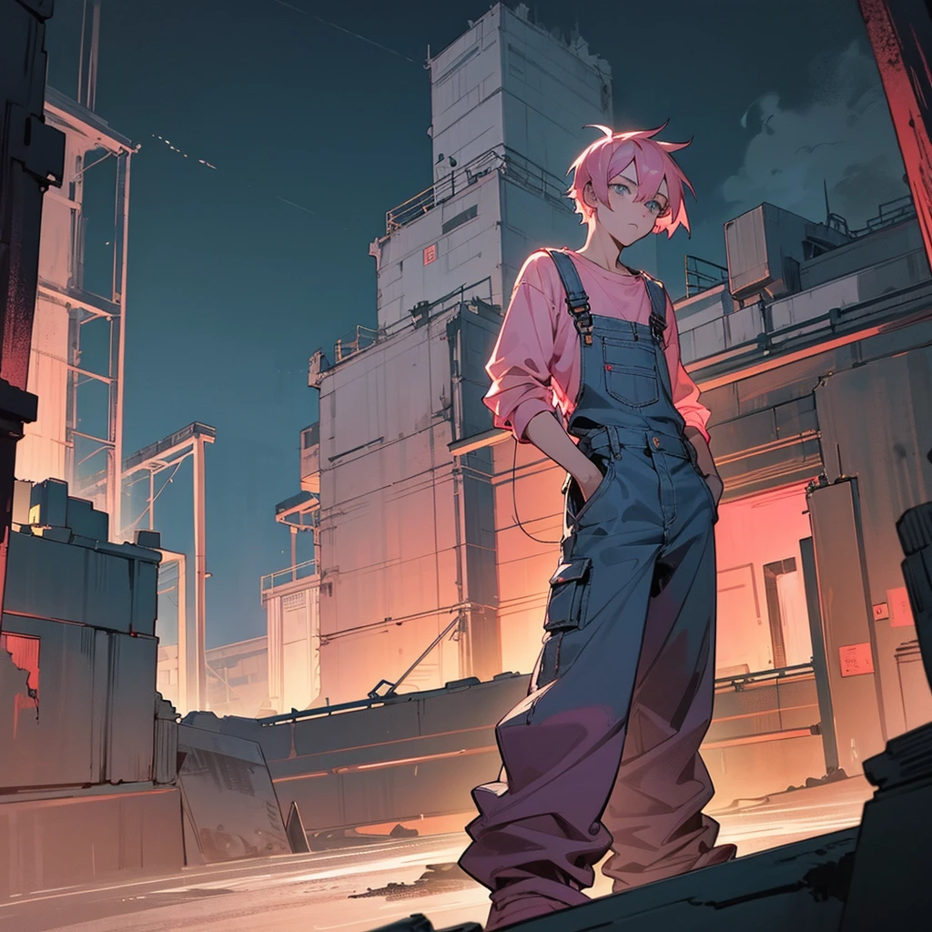 1male, adult, finely detailed grey eyes, messy short hair, pink hair, enginer clothing, baggy pants, overalls, standing on ruined building, night time, serious expression, muscular, goggles,