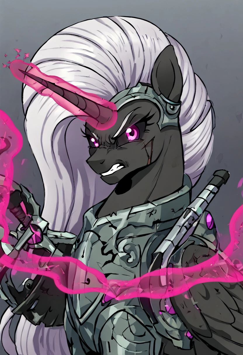 Alicorn , white mane,light blue cybernetic eyes, cybernetic body,black sclera ,black body color  long flowing  mane princess pony pink eyes badass damaged mad look,armor, angry  equestria war
Holding sword with magic pink magic aura 