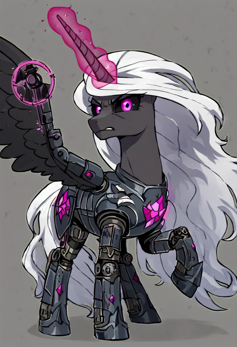 Alicorn , white mane,light blue cybernetic eyes, cybernetic body,black sclera ,black body color  long flowing  mane princess pony pink eyes badass damaged mad look,armor, angry  equestria war
Holding sword with magic pink magic aura 