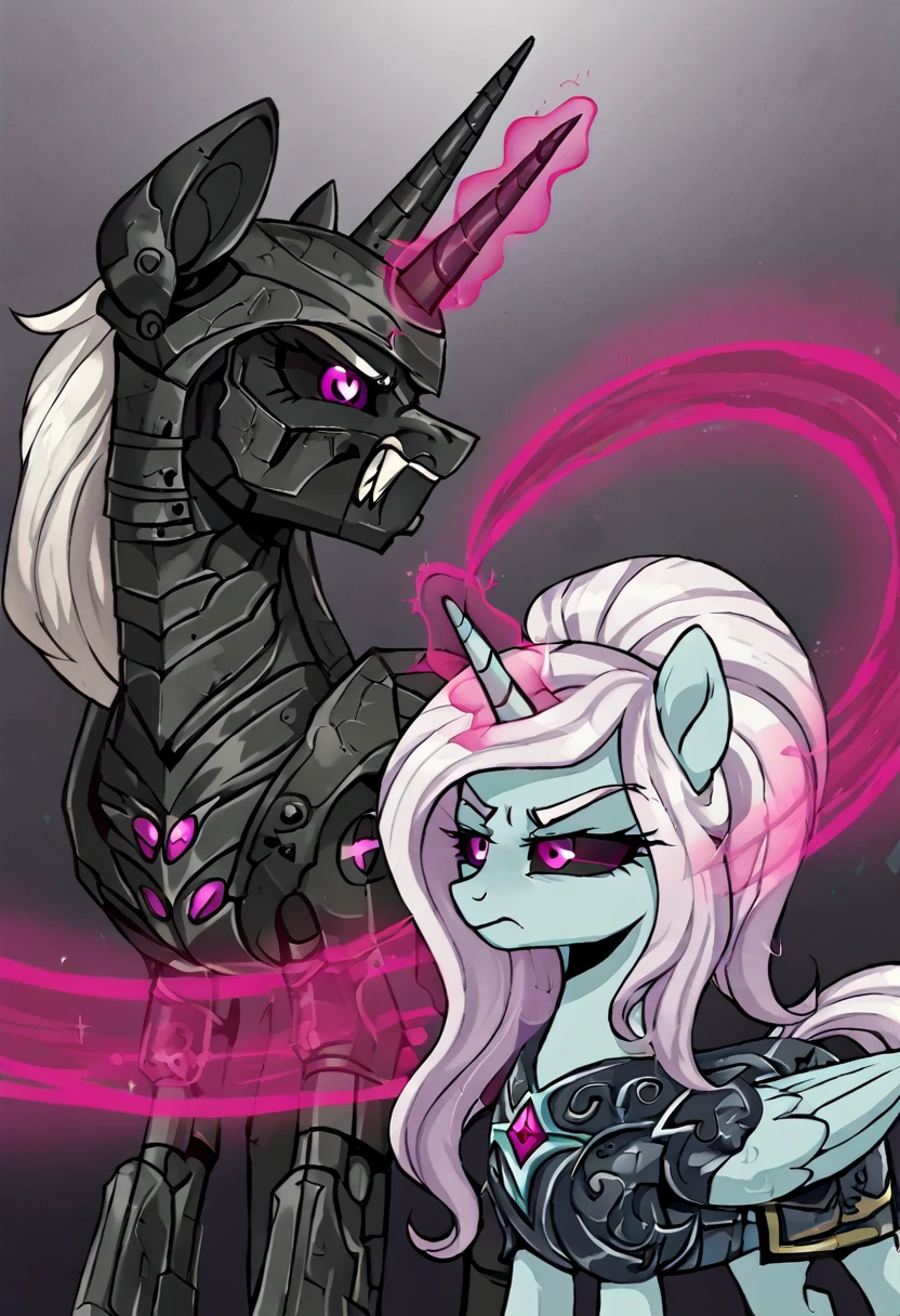 Alicorn , white mane,light blue cybernetic eyes, cybernetic body,black sclera ,black body color  long flowing  mane princess pony pink eyes badass damaged mad look,armor, angry  equestria war
Holding sword with magic pink magic aura 