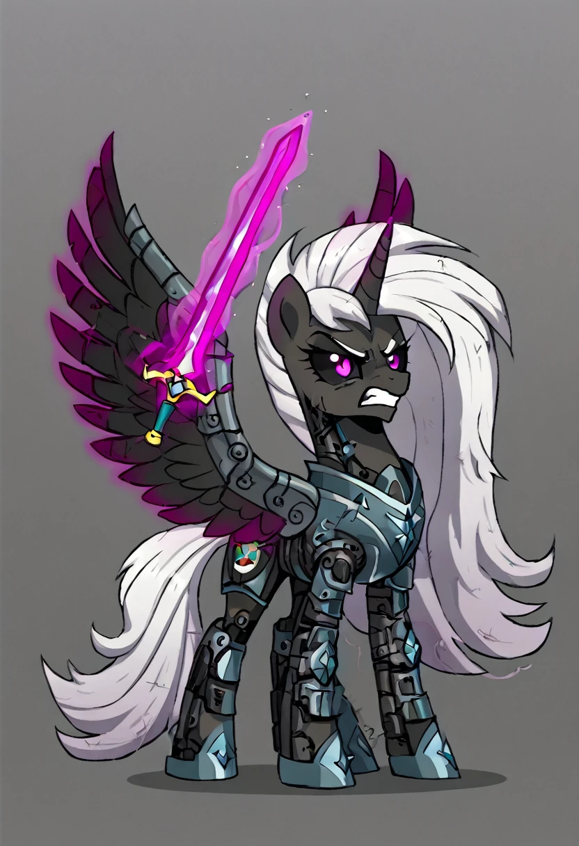 Alicorn , white mane,light blue cybernetic eyes, cybernetic body,black sclera ,black body color  long flowing  mane princess pony pink eyes badass damaged mad look,armor, angry  equestria war
Holding sword with magic pink magic aura 