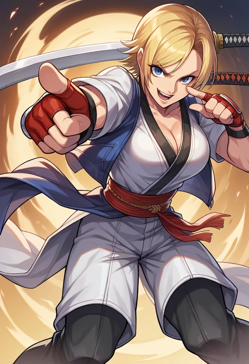 a close up of a person pointing a finger at something, character from king of fighters, fighting game character, official character art, as a character in tekken, official character illustration, yee chong silverfox, hq artwork, official art, character artwork, xqc, main character, annie leonhart, katana zero video game character, kate bishop, yun ling