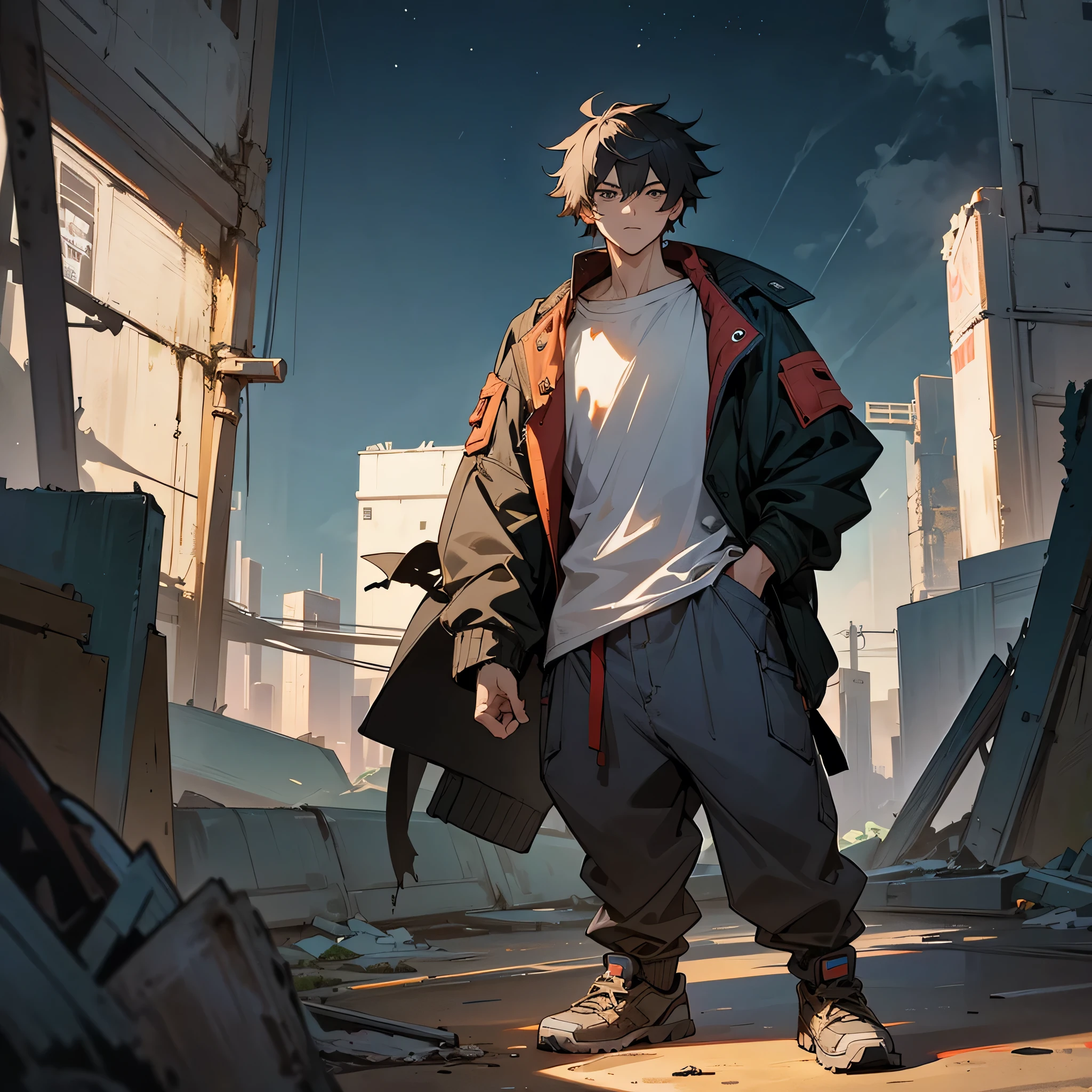 1male, adult, messy short hair, casual clothing, baggy pants, varcity jacket, standing on ruined building, night time, serious expression, muscular, goggles