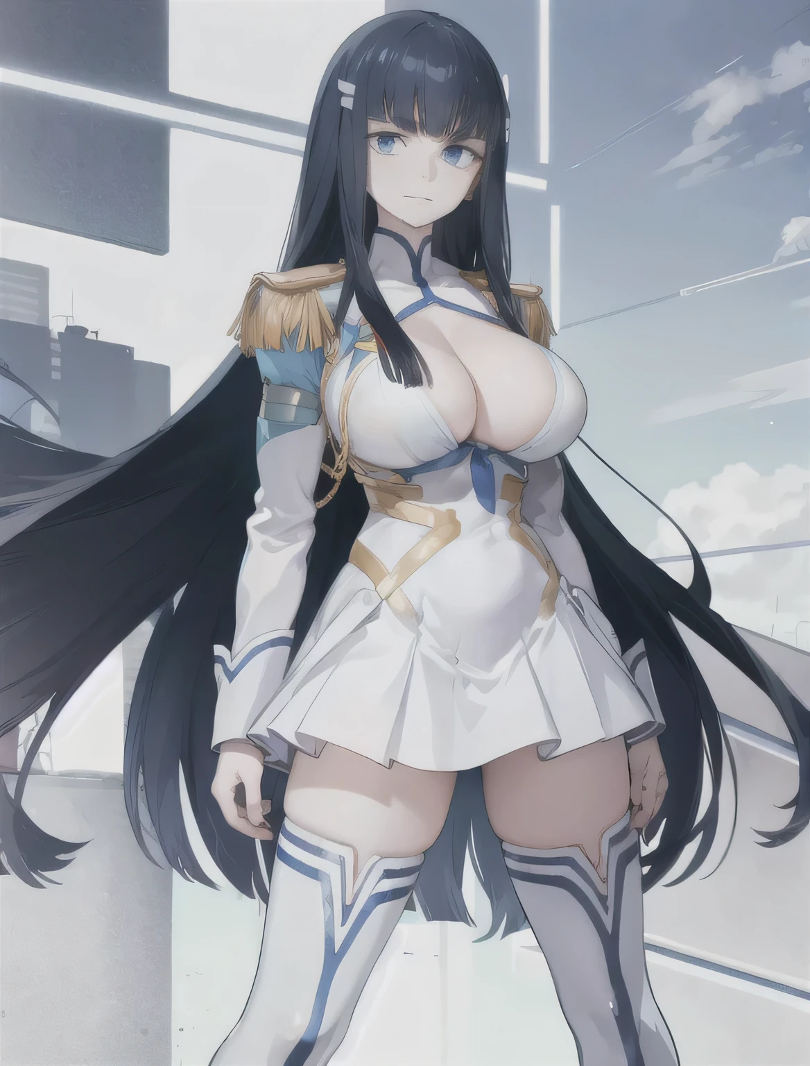 masterpiece, high quality, best quality, 1girl, (sexy girl:1.0), (super gigantic breasts:1.0), (closed mouth, half smile), kiryuin satsuki, blue eyes, epaulettes, hairclip, cleavage, skirt, white thigh boots , anime screencap, anime key visual, (sexy pose:1.0), very sexy, full body