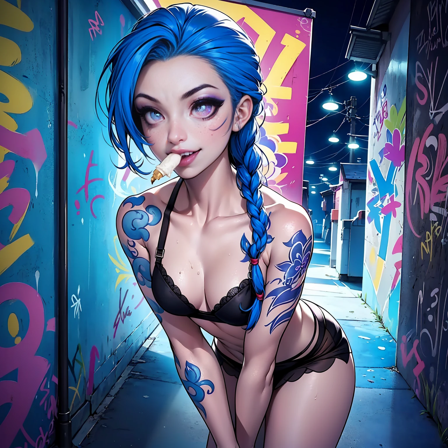 jinxlol, ((blue hair, twinbraid, glowing violet eyes, makeup, narrow waist, skinny, medium breasts, tattoos)), pelvic curtain, ((black panties, black bra)), full body, perfect body, (insanely detailed, beautiful detailed face, masterpiece, best quality) , (((solo))), (((1girl))), (((mature))), (extremely detailed 8k paper CG wall unit: 1.1), (night, Graffiti Walls, city), (smile crazy face for the viewer), , ice cream, holding ice cream, mouth open, tongue out, licking