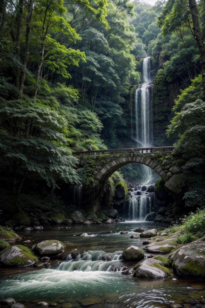 (8k analog photo,magical landscape:1.2), in the middle there is a large sign, an empty sign, a sign, stone bridge over creek,lush greenery,pastel colors,studio ghibli style,alone bridge,small bridge,serene atmosphere,tranquil stream,mossy rocks,detailed foliage,warm lighting,dreamlike quality,fantasy landscape,vibrant colors,cinematic composition,atmospheric haze,beautiful natural setting,peaceful ambiance