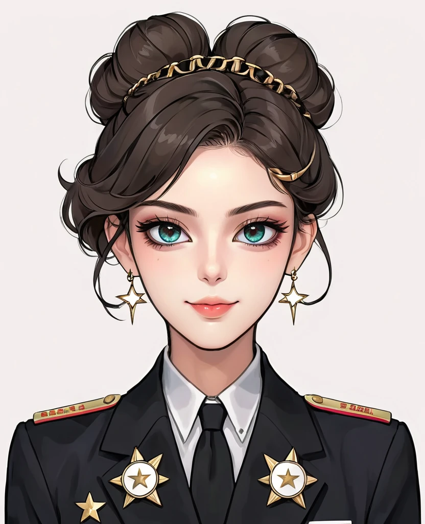 (Digital Illustration,Detailed anime style girl portrait,Solitary,symmetry),(Big colorful eyes,Fashionable and exquisite facial features,Exquisite makeup,Sweet smile,Star symbol mark on cheek,Soulful gaze,),(Fluffy bun,Beautiful hairstyle,Hairpin),(Black suit,Epaulettes-Chain,cool,),Clean and simple white background,(((Correct human anatomy)))