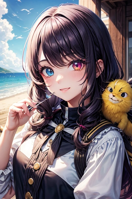 chica joven, pelo largo y rosa, Orejas de zorro, heterochromia, Ojo blanco izquierdo y morado derecho, Quimono morado, hombros abiertos, pechos enormes, sonrisa, obra maestra, alta calidad