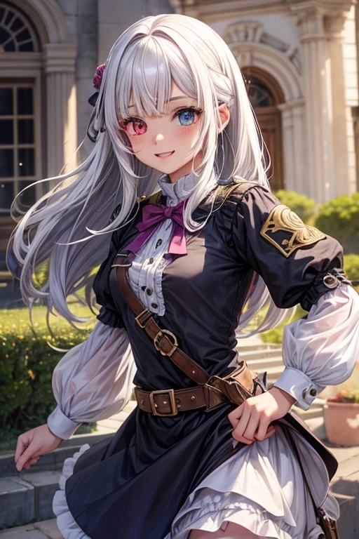 chica joven, pelo largo y rosa, Orejas de zorro, heterochromia, Ojo blanco izquierdo y morado derecho, Quimono morado, hombros abiertos, pechos enormes, sonrisa, obra maestra, alta calidad