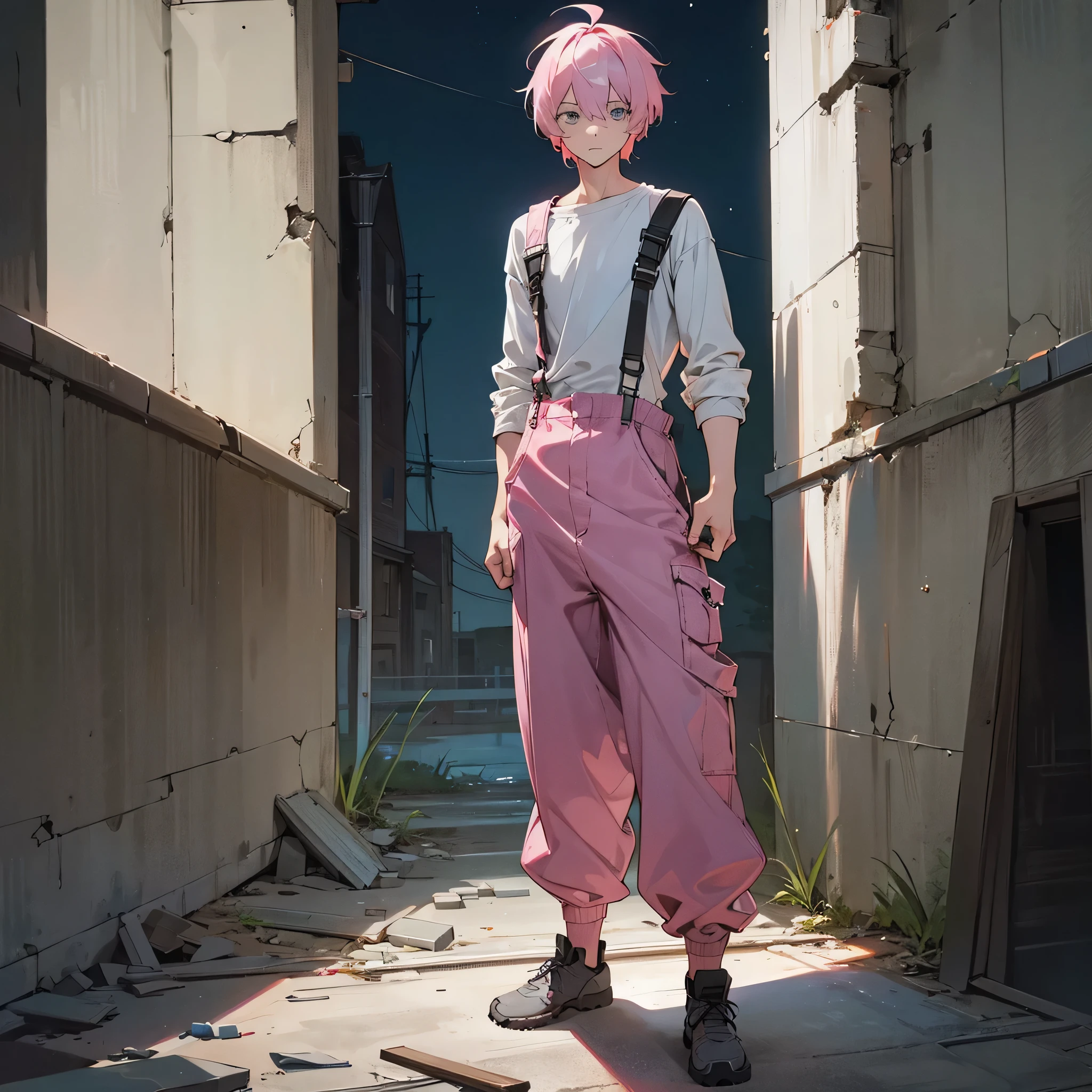 1male, adult, finely detailed grey eyes, messy short hair, pink hair, enginer clothing, baggy pants, overalls, standing on ruined building, night time, serious expression, muscular, goggles, 