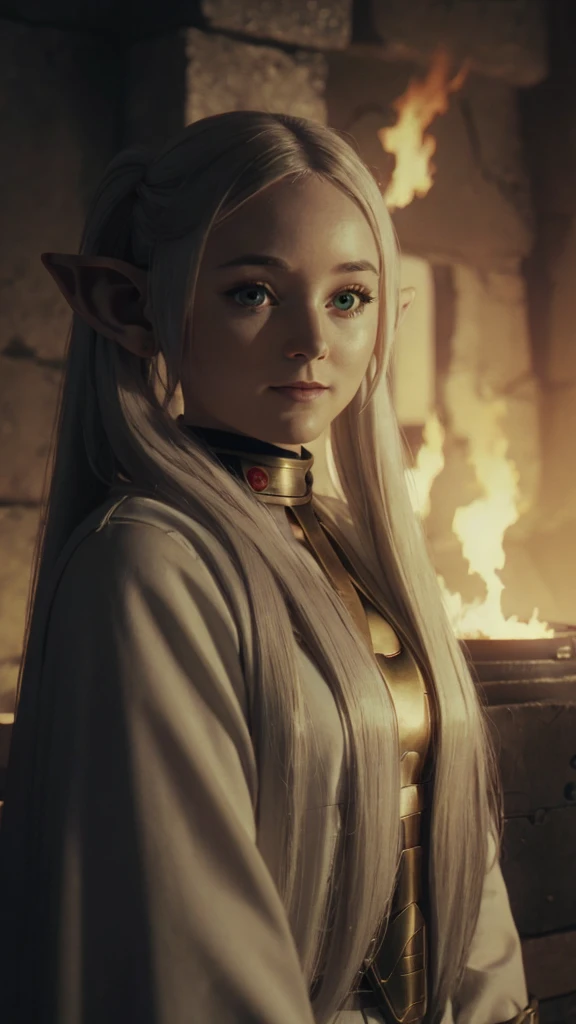 A female young elf girl in realistic portrait of high quality and detail, Frieren (Sousou no Frieren), movie style, dark and mysterious atmosphere, pale skin, glow, eye shadow, 1girl, thriller fantasy, Depth & Perspective, angry smile on her face, A petite elf girl with green eyes, thick eyebrows and long white hair parted in the middle and braided into two high pigtails. She has large pointed elf ears, Mystical powers, red armor, fine face, She stands on the ruins of king's hall, inside, ashes on the sky, burning sky, dark cloud, looking at viewer, (ultra-high detail:1.2), Masterpiece, Best Quality, Ultra-detailed, Cinematic lighting, 8K, delicate features, cinematic, 35 mm lens, f/1.9, highlight lighting, global lighting –uplight –v 4, cinematic, intense gaze, Cinematic lighting, 8K, high quality, Highest Quality, (Solo Focus), (extremly intricate:1.3), (Realistic), dramatic, masterful, Analog style, (Film grain:1.5), (warm hue, cold tone), a close up of a person surrounded by many different types of armor, destruction behind back