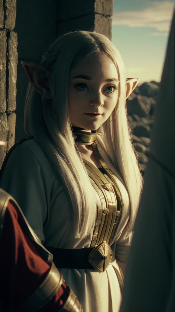 A female young elf girl in realistic portrait of high quality and detail, Frieren (Sousou no Frieren), movie style, dark and mysterious atmosphere, pale skin, glow, eye shadow, 1girl, thriller fantasy, Depth & Perspective, angry smile on her face, A petite elf girl with green eyes, thick eyebrows and long white hair parted in the middle and braided into two high pigtails. She has large pointed elf ears, Mystical powers, red armor, fine face, She stands on the ruins of king's hall, inside, ashes on the sky, burning sky, dark cloud, looking at viewer, (ultra-high detail:1.2), Masterpiece, Best Quality, Ultra-detailed, Cinematic lighting, 8K, delicate features, cinematic, 35 mm lens, f/1.9, highlight lighting, global lighting –uplight –v 4, cinematic, intense gaze, Cinematic lighting, 8K, high quality, Highest Quality, (Solo Focus), (extremly intricate:1.3), (Realistic), dramatic, masterful, Analog style, (Film grain:1.5), (warm hue, cold tone), a close up of a person surrounded by many different types of armor, destruction behind back