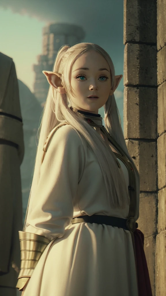 A female young elf girl in realistic portrait of high quality and detail, Frieren (Sousou no Frieren), movie style, dark and mysterious atmosphere, pale skin, glow, eye shadow, 1girl, thriller fantasy, Depth & Perspective, angry smile on her face, A petite elf girl with green eyes, thick eyebrows and long white hair parted in the middle and braided into two high pigtails. She has large pointed elf ears, Mystical powers, red armor, fine face, She stands on the ruins of king's hall, inside, ashes on the sky, burning sky, dark cloud, looking at viewer, (ultra-high detail:1.2), Masterpiece, Best Quality, Ultra-detailed, Cinematic lighting, 8K, delicate features, cinematic, 35 mm lens, f/1.9, highlight lighting, global lighting –uplight –v 4, cinematic, intense gaze, Cinematic lighting, 8K, high quality, Highest Quality, (Solo Focus), (extremly intricate:1.3), (Realistic), dramatic, masterful, Analog style, (Film grain:1.5), (warm hue, cold tone), a close up of a person surrounded by many different types of armor, destruction behind back