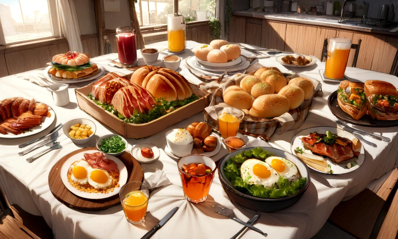 ((((masterpiece, Best Quality, High resolution)))), High detail, manga,anime,Illustrated style,Light, soft and bright colors, Rectangular square dining table,White tablecloth,White tableclothがかけられたテーブルに載せられている料理のアップ,The table top fills the entire screen, In the center of the screen, a large selection of food is displayed on a table.,A sumptuous breakfast on the table,bread,coffee,orange juice,Breakfast egg dishes,Bacon and Eggs,scrambled eggs,Sunny Side Up,Food and tableware for six, The evening sunlight is streaming in through the window、A sparkling drink in the sunlight, No humans, RPG-like scenery, There is beer, wine and delicious food on the table., Create a magical and cozy atmosphere, Bright daytime atmosphere.