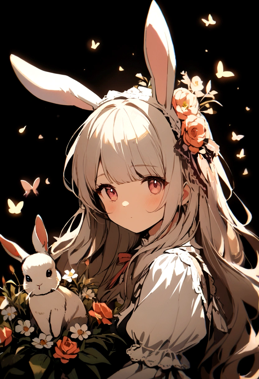1 girl, long hair, lolita, cute, bunny, flowers, dark backround, light