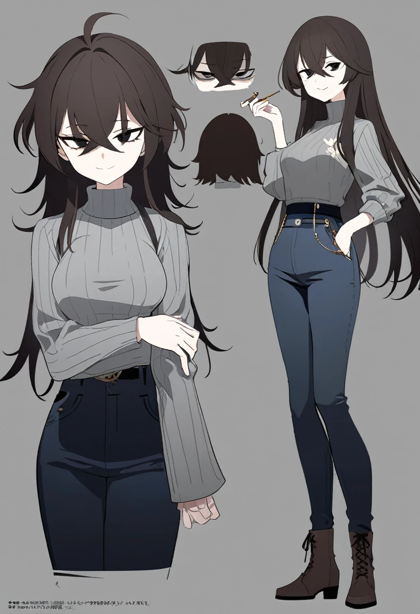 One Woman,Downer,older sister,Concept Art,Dark brown hair,Straight hair with slight inward curls,Staring eyes,Eye Ridge,black eye,Crossed bangs,whole body,smile,Slightly larger breasts,Gray background,Bangs that reach down to the eyes,Messy hair,Tight dark jeans,Gray turtleneck sweater,Multiple views of the same character,Character Design,Dark circles under the eyes,Bad look,Listless,Sloppy,Silver Jewelry,Cafe staff,Holding a cigarette,whole bodyCharacter Design,Detailed hands,Height: 170cm,boots,Fleshy body,