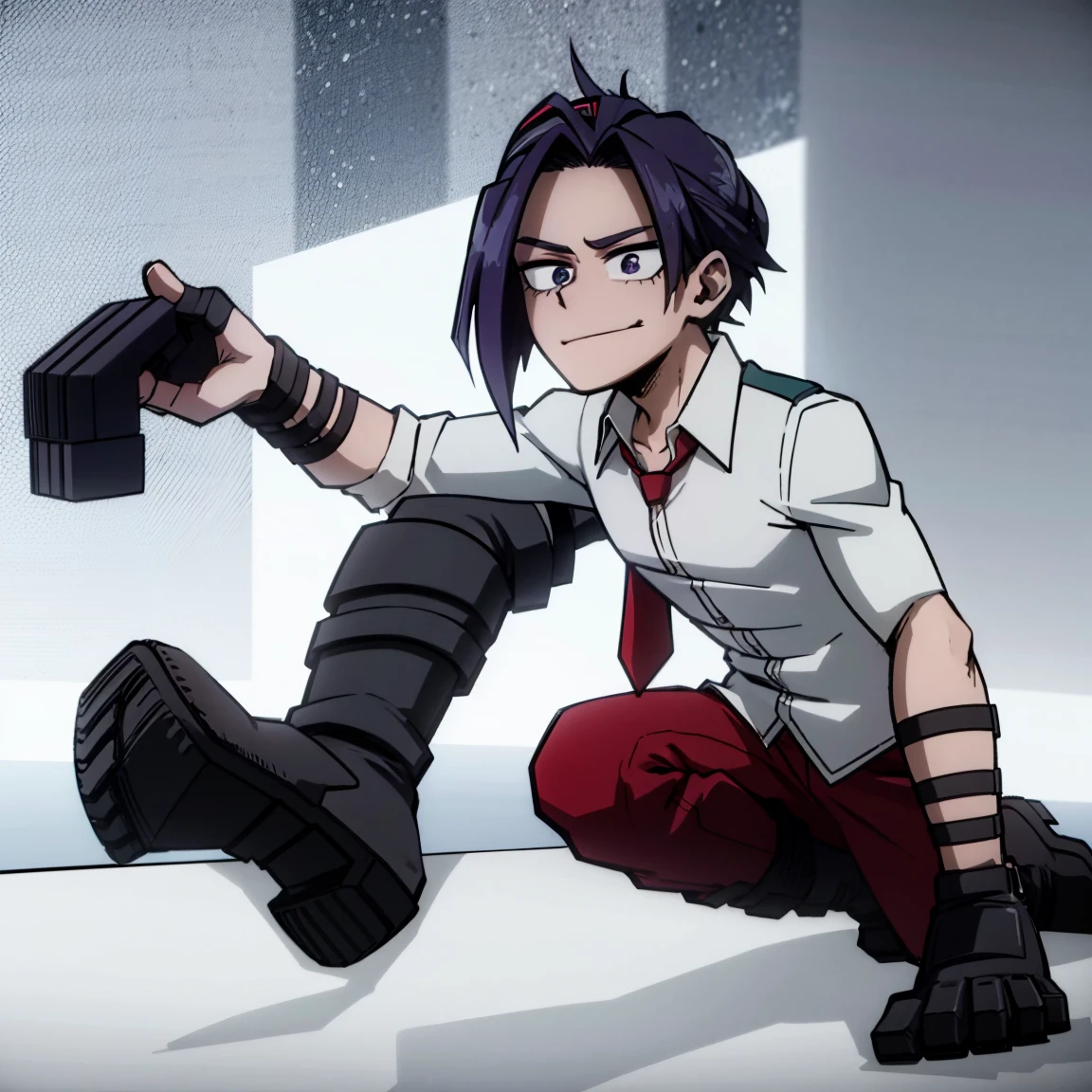 1boy, male focus, boku no hero academia, masterpiece, best quality, very aesthetic, absurdres, short messy hair, purple hair, lavender eyes, smirk, gray jacket, red tie, white shirt, teal pants, boots 