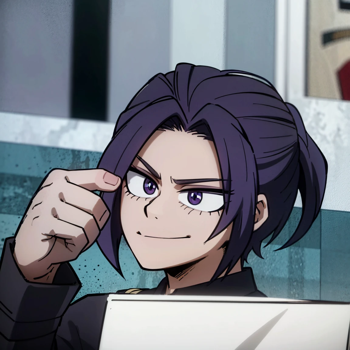1boy, male focus, boku no hero academia, masterpiece, best quality, very aesthetic, absurdres, short messy hair, purple hair, lavender eyes, smirk, gray jacket, red tie, white shirt, teal pants, boots 