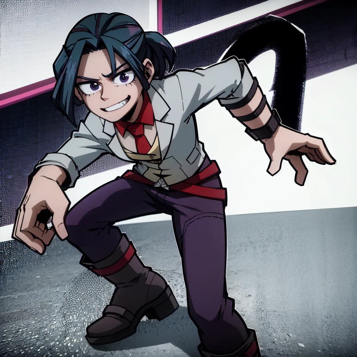 1boy, male focus, boku no hero academia, masterpiece, best quality, very aesthetic, absurdres, short messy hair, purple hair, lavender eyes, smirk, gray jacket, red tie, white shirt, teal pants, boots